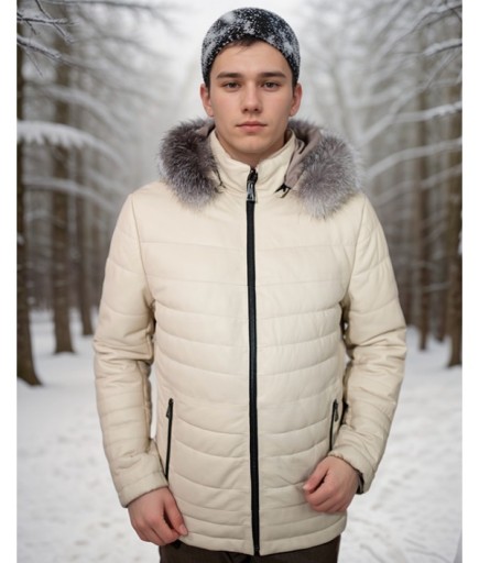 Erkek Kapüşonlu Spor Deri Mont - Bej