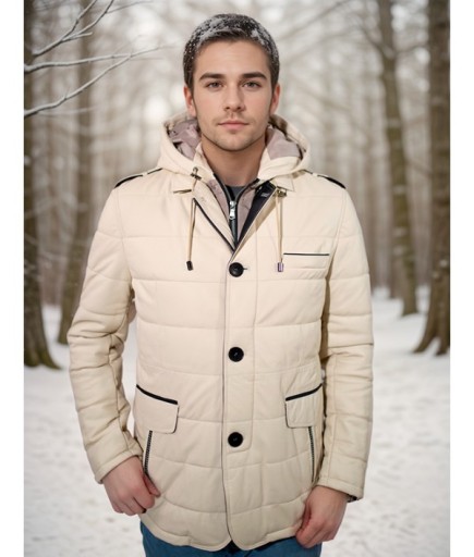 Erkek Kapüşonlu Spor Deri Mont - Bej