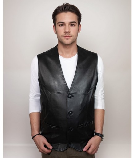 Erkek Deri Yelek - Siyah