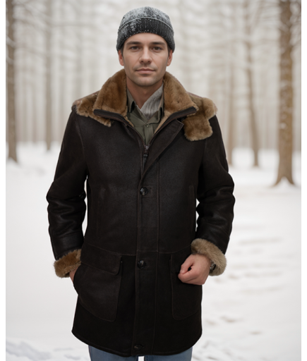 Erkek Kapüşonlu Deri Kürk - Kahverengi