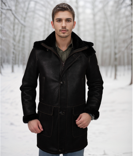Erkek Kapüşonlu Deri Kürk - Siyah