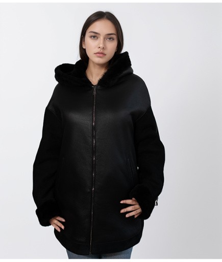 Kadın Kapüşonlu Deri Kürk - Siyah