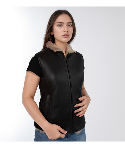 Kadın Kürklü Deri Yelek - Siyah