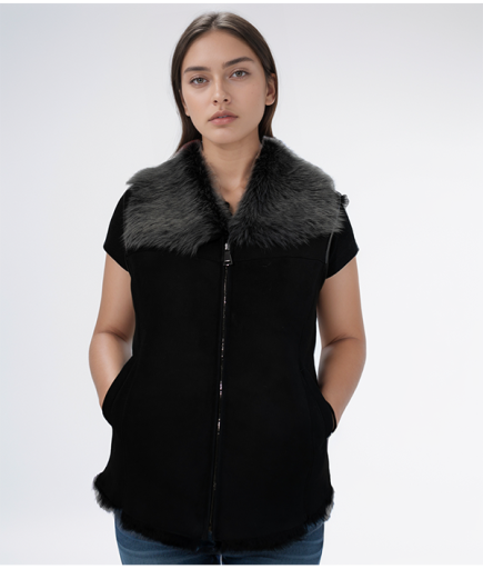 Kadın Kürklü Deri Yelek - Siyah