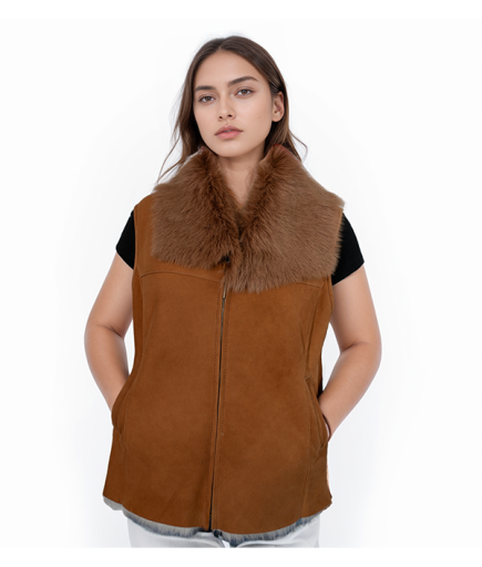 Kadın Kürklü Deri Yelek - Kahverengi