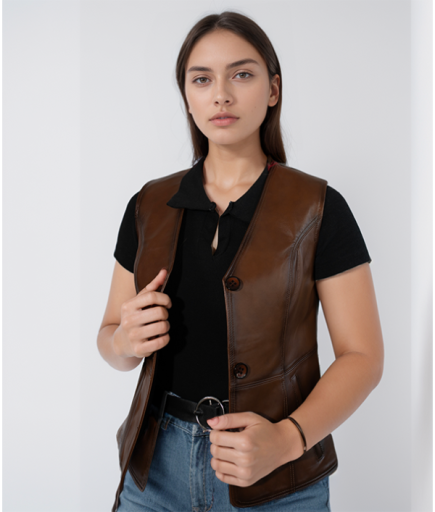 Kadın Deri Yelek - Kahverengi