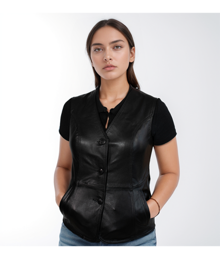 Kadın Deri Yelek - Siyah