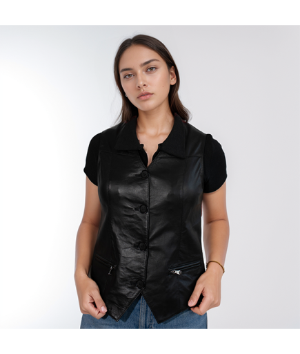 Kadın Deri Yelek - Siyah
