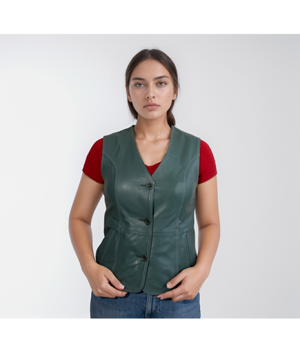 Kadın Deri Yelek - Yeşil