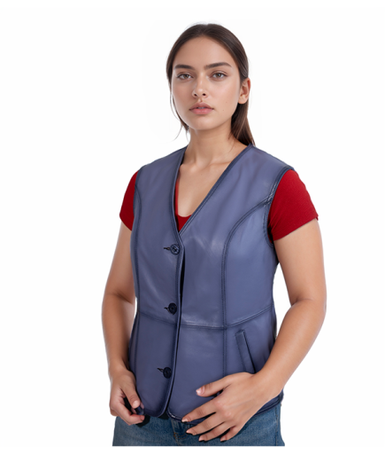 Kadın Deri Yelek - Mavi