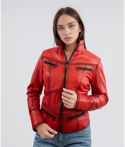 Kadın Spor Deri Ceket - Kırmızı