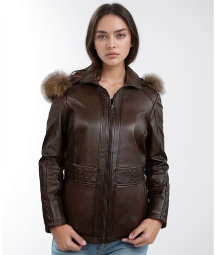 Kadın Kapüşonlu Spor Deri Ceket - Kahverengi