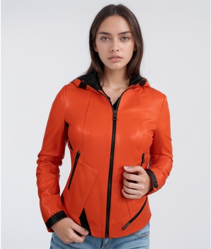 Kadın Kapüşonlu Spor Deri Ceket - Turuncu