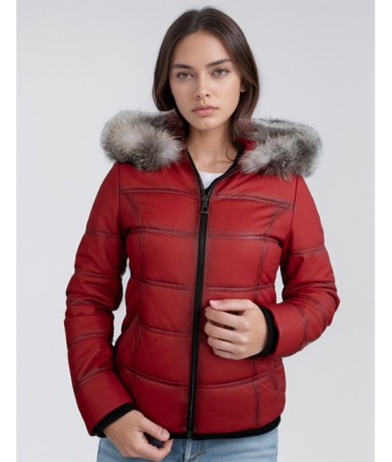 Kadın Kapüşonlu Şişme Spor Deri Ceket - Kırmızı