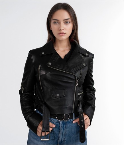 Kadın Spor Deri Ceket - Siyah