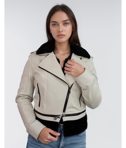Kadın Spor Deri Ceket - Bej
