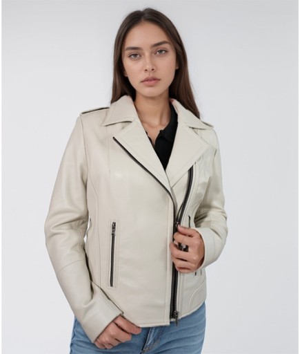 Kadın Spor Deri Ceket - Bej