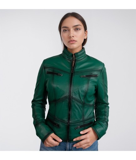 Kadın Spor Deri Ceket - Yeşil