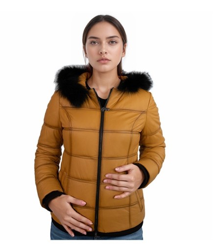 Kadın Kapüşonlu Şişme Deri Ceket - Sarı