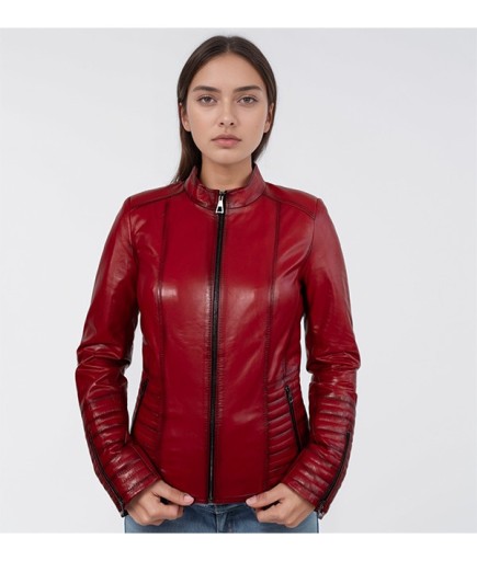 Kadın Spor Deri Ceket - Kırmızı