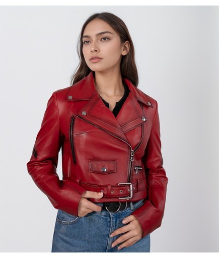 Kadın Spor Deri Ceket - Kırmızı