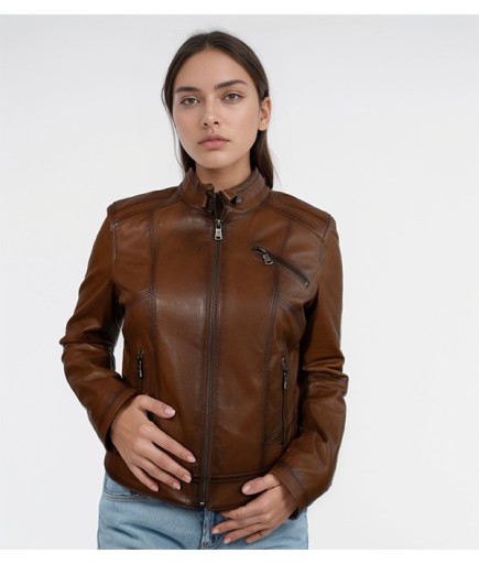 Kadın Spor Deri Ceket - Kahverengi