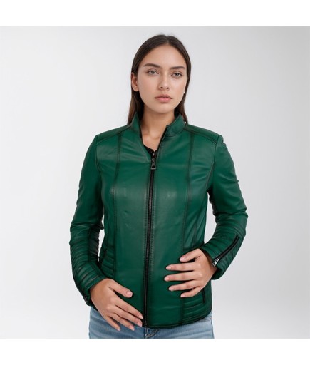Kadın Spor Deri Ceket - Yeşil