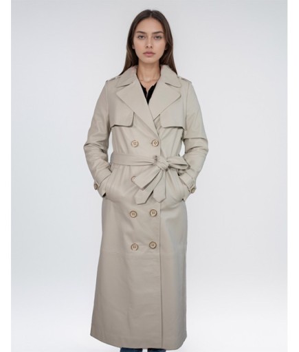 Kadın Deri Trençkot - Bej