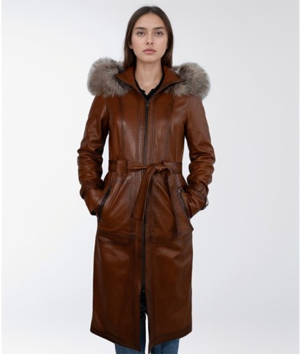 Kadın Kapüşonlu Deri Trençkot - Kahverengi