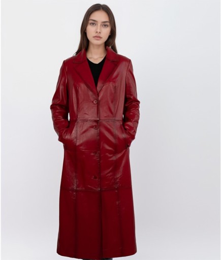 Kadın Deri Trençkot - Kırmızı