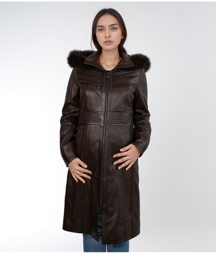 Kadın Kapüşonlu Deri Trençkot - Kahverengi