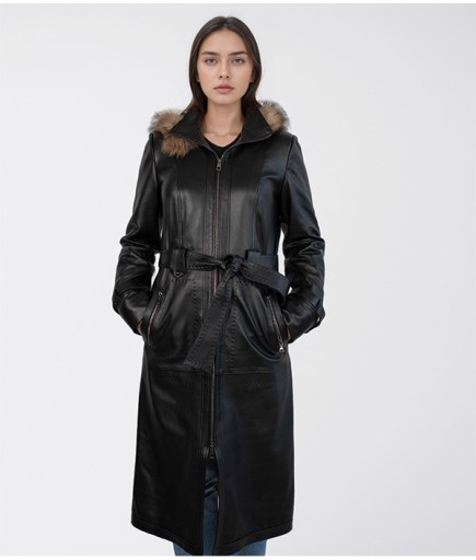 Kadın Kapüşonlu Deri Trençkot - Siyah