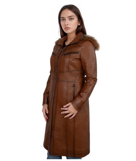Kadın Kapüşonlu Deri Trençkot - Kahverengi