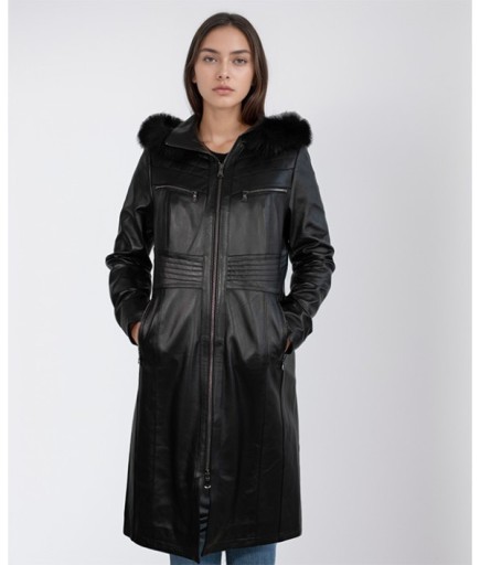 Kadın Kapüşonlu Deri Trençkot - Siyah