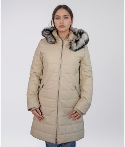 Kadın Kapüşonlu Şişme Deri Trençkot - Bej