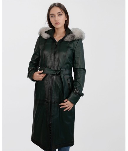 Kadın Kapüşonlu Deri Trençkot - Yeşil