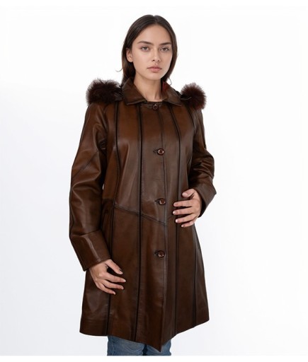 Kadın Kapüşonlu Deri Trençkot - Kahverengi