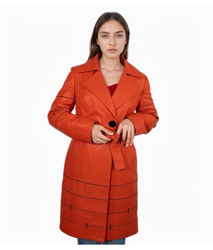 Kadın Deri Trençkot - Turuncu