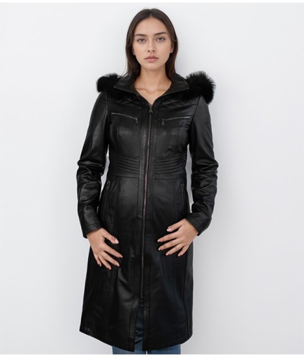 Kadın Kapüşonlu Deri Trençkot -Siyah