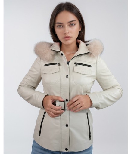 Kadın Kapüşonlu Deri Kaban - Bej