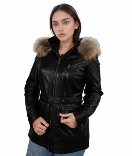 Kadın Kapüşonlu Deri Kaban - Siyah