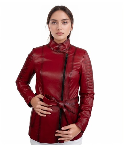 Kadın Spor Deri Ceket - Kırmızı