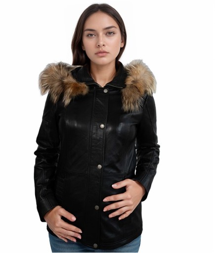 Kadın Spor Kapüşonlu Deri Ceket - Siyah