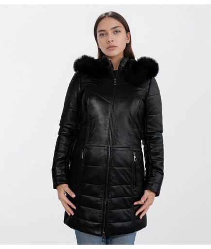 Kadın Şişme Deri Kaban - Siyah