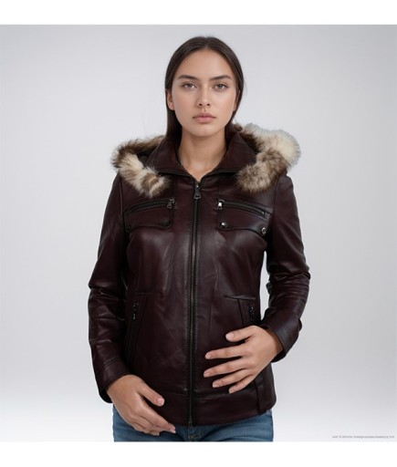 Kadın Spor Deri Mont - Bordo