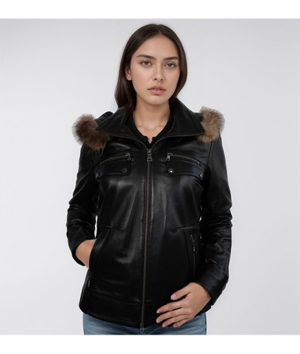 Kadın Spor Deri Mont - Siyah 