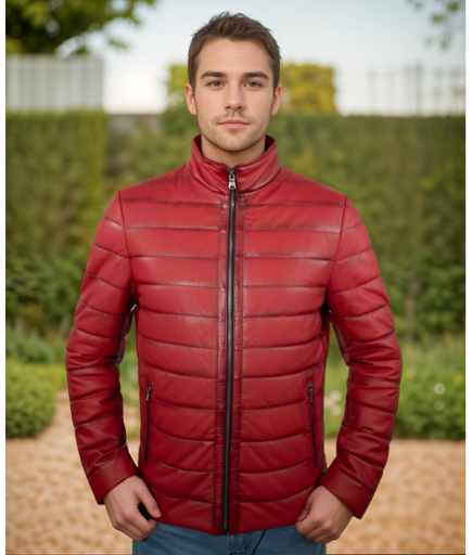Erkek Spor Deri Şişme Mont - Kırmızı