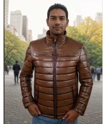 Erkek Spor Deri Şişme Mont - Kahverengi