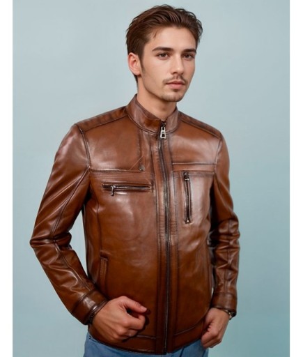 Erkek Spor Deri Ceket - Kahverengi