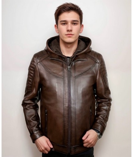 Erkek Kapüşonlu Spor Deri Mont - Kahverengi